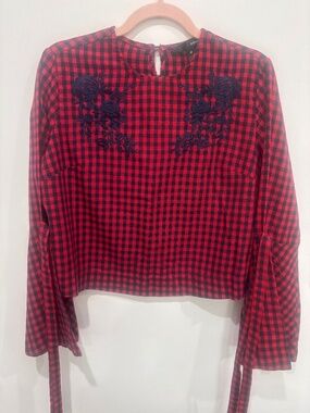 Aqua Red Navy Gingham Check Embroidered Blouse Medium 100% Cotton